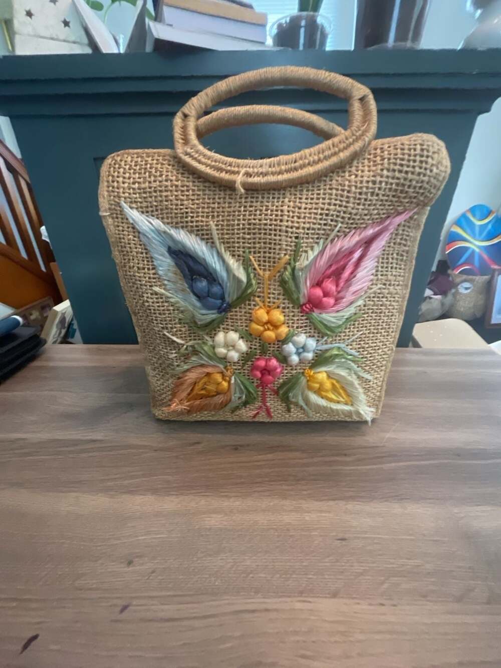 Vintage Bags By Patricia Woven Jute Floral Butterfly Tote Bag